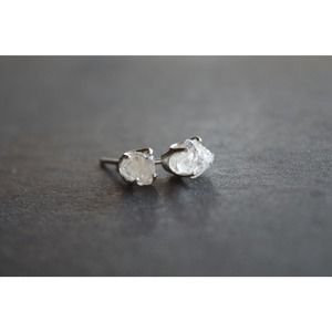 Sterling silver stud earrings, alternative diamond, uncut natural gemsto…